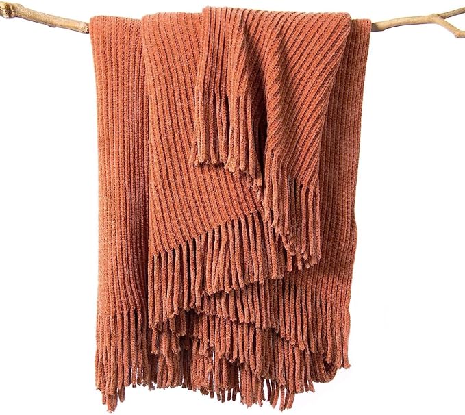 lifein Throw Blanket for Couch, Soft Boho Bed Throw, Cozy Burnt Orange Chenille by lifein