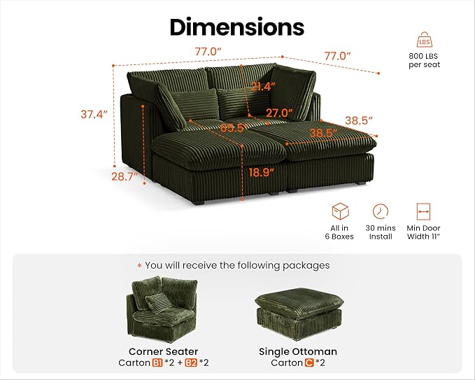 77" Oversized Corduroy Couch Modular Sectional Sofa, Washable Cloud Couch - Image 2