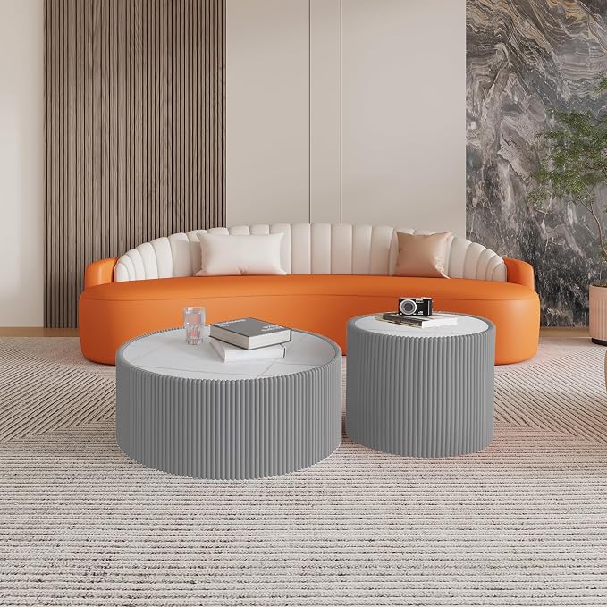 29.52" Round Marble Coffee Table, Modern Fluted Coffee Table w/White Sintered - Image 7