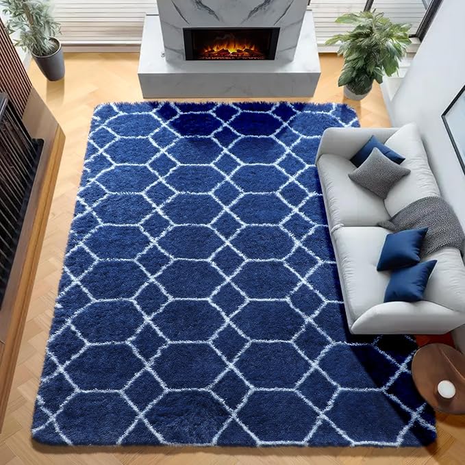 6x9 Area Rugs for Living Room Bedroom, Fluffy Navy and White Geometric Rug | - Image 5