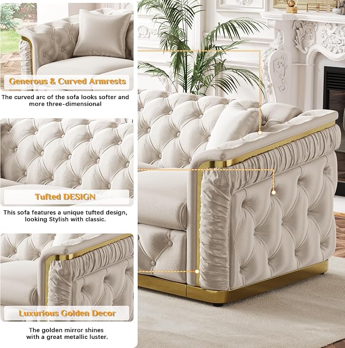 62.2" Luxury Velvet Chesterfield Sofa Tufted Victorian Black and Gold Couch - Image 4