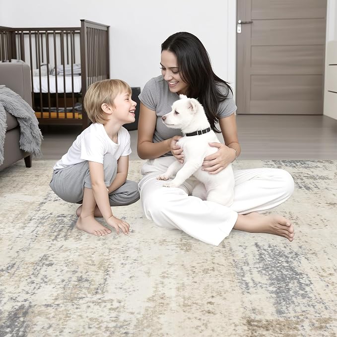 5x7 Area Rug Living Room: Modern Washable Soft Carpet Beige Brown | - Image 10