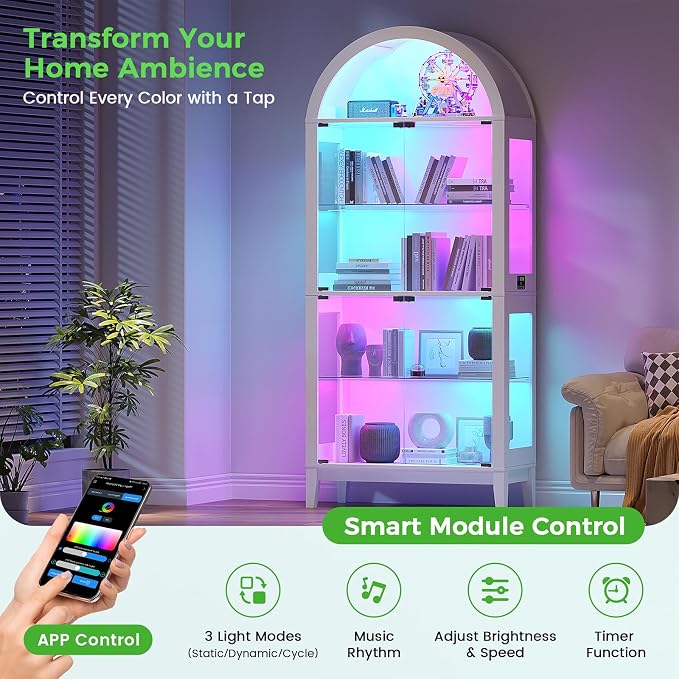 HNEBC Arched Display Case with RGB Lights, LED Curio Cabinet with Shelf - Image 3