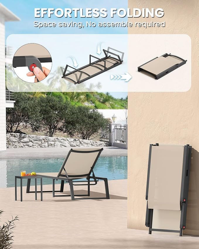 Aluminum Chaise Lounge Chair Outdoor, Foldable& No Assembly Patio Pool Lounge - Image 3