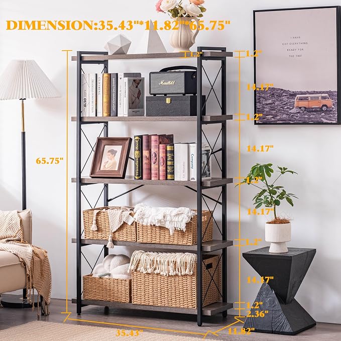 HCHQHS Bookshelf, 5-Tier Industrial Bookcase, Rustic Open Book Shelf, - Image 3