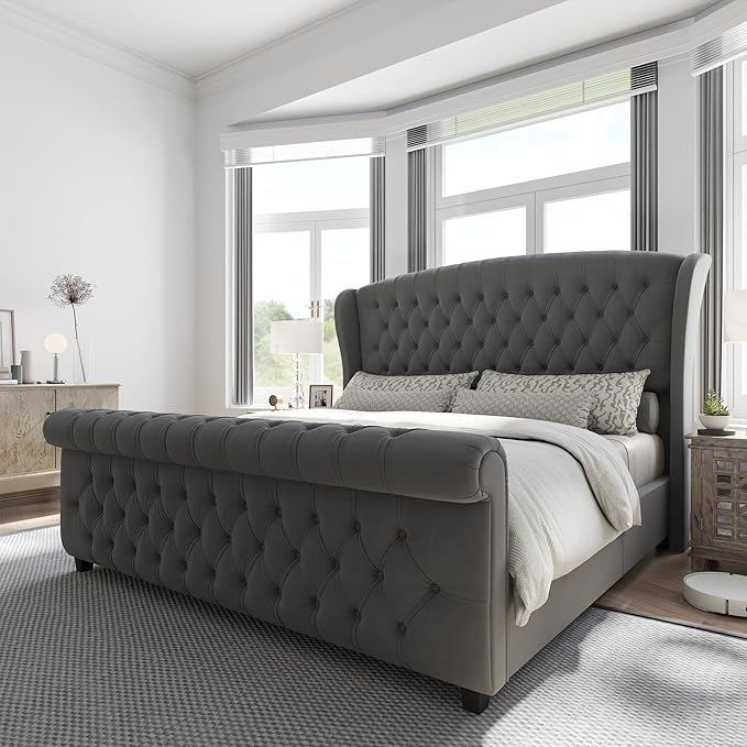 AMERLIFE California King Size Platform Bed Frame, Velvet Upholstered Sleigh Bed by AMERLIFE