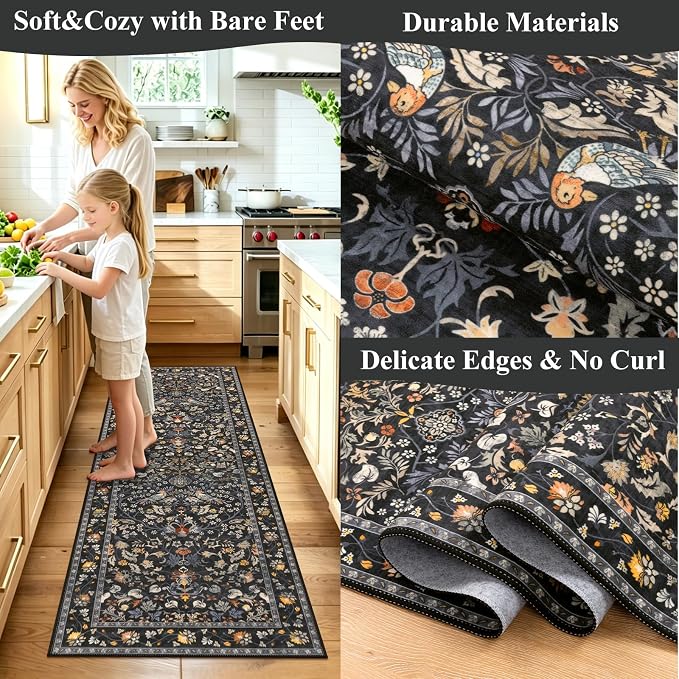 HEBE Hallway Runner Rug 2'x8', Washable Non Slip Kitchen Rug Runner | Soft Boho - Image 5