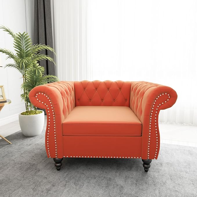 ORRD 2 Piece Living Room Set, Velvet Chesterfield Sofa Couch Chair - Image 5