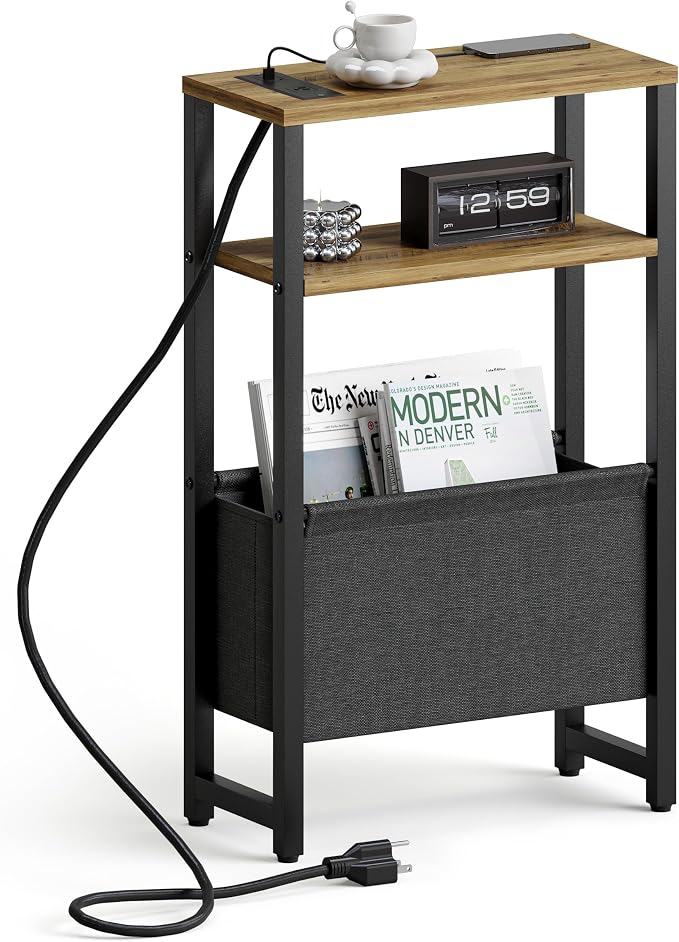 Narrow Side Table with Charging Station Slim End Table Sofa with Magazine Rack by IRCPEN