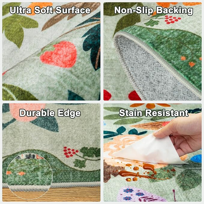 PLHXFR 2x5 Washable Runner Rug：Floral Indoor Kitchen Soft Carpet Green | - Image 7