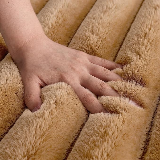Coffee Rabbit Striped Plush Rug 8'x10', Fluffy Shaggy Area Rug - Image 5