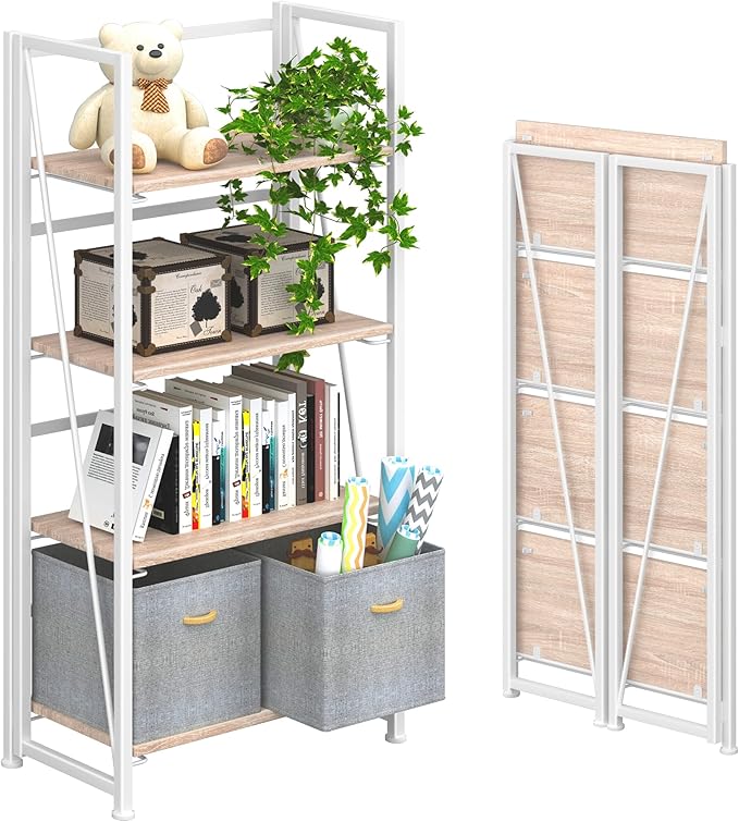 4NM No Assembly Folding Bookshelf Storage Shelves 4 Tiers Vintage Bookcase by 4NM