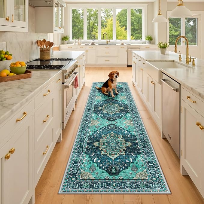 RELEANY Washable Area Rug, Runner 2'x8', Teal | Non-Slip, Water Repellent by RELEANY