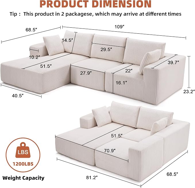 108” Modular Sectional Sofa, Cloud Sectional Couch - Image 3