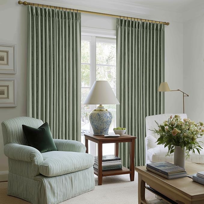 Sage Green Pinch Pleat Linen Semi Sheer Curtains 90 Inches Long 2 Panels | - Image 7