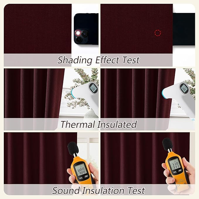 Burgundy 100% Blackout Linen Curtains 84 Inch Length 2 Panels Set - Image 5