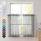 Charcoal Grey Sheer Curtains 36 inches Long, Short Kitchen Window Treatment by OVZME