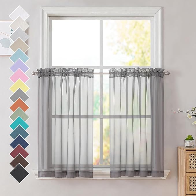 Charcoal Grey Sheer Curtains 36 inches Long, Short Kitchen Window Treatment by OVZME