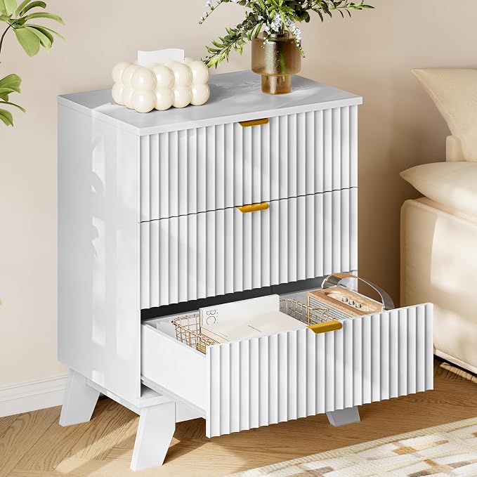 BORNOON 30.5" Nightstand with Charging Station, 3-Drawer Fluted Bedroom Chest - Image 4