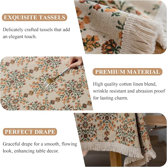 VClife Beige Floral Print Table Cloth, Linen Texture Tablecloth - Image 5