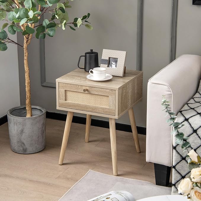 Giantex Boho Rattan Nightstand Set of 2, Mid Century Wood Night Stands - Image 8