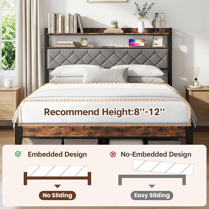 Queen Bed Frame with Charging Station, Upholstered Headboard, Metal Platform - Image 7