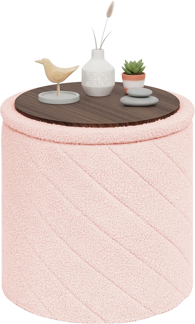 PINPLUS Ottoman with Stroage Round Boucle Ottoman and Tray Sherpa Removable by PINPLUS