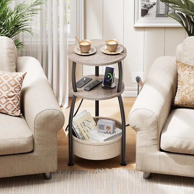 Small Side Table with Charging Station, Round End Table with Basket, USB Port - Image 4