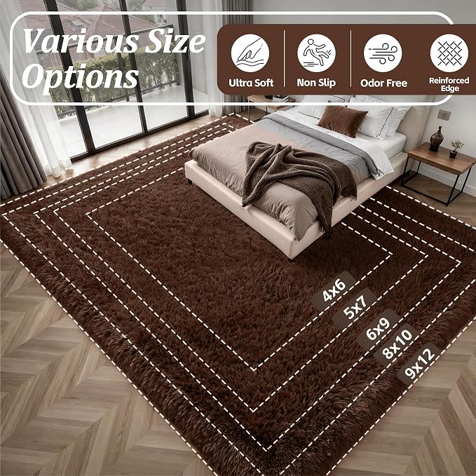 Area Rug Living Room Bedroom: 5x7 Fluffy Plush Shag Carpet Brown | - Image 9