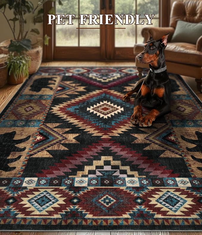 Rustic Cabin Area Rug for Living Room 8x10, Machine Washable Lodge Bear Rug - Image 6