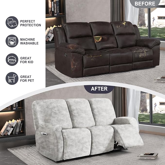 ANARACHON Leather Look Recliner Couch Cover, 8-Pieces Stretch Recliner Sofa - Image 5