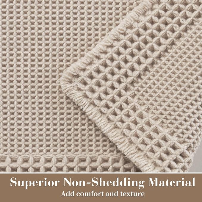 RESARE Waffle Bathroom Runner Rugs, Non Slip Boho Bath Mat 24x60 Pale Beige | - Image 2