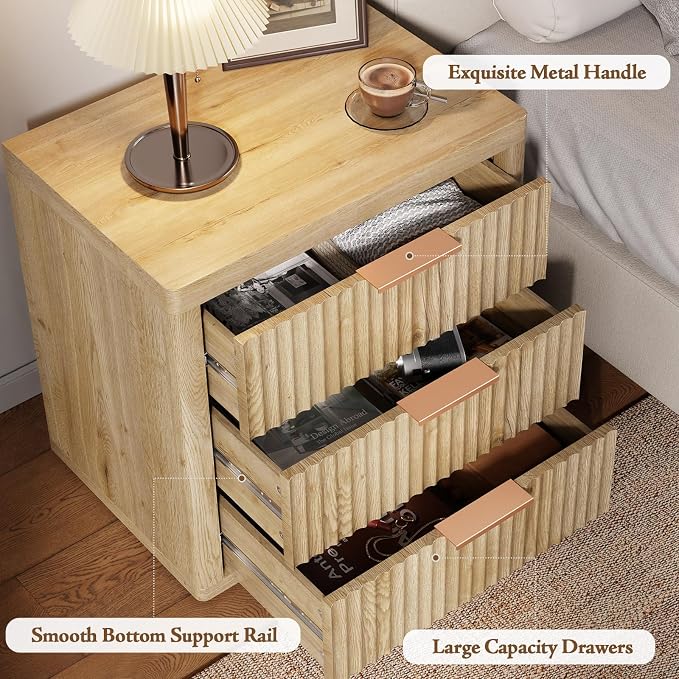 Night Stand with 3 Drawers, Fluted Bed Side End Table with Metal Handle - Image 4