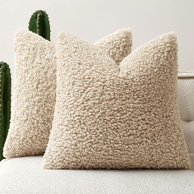 Faux Fur Throw Pillow Covers 24x24 Inch Set of 2 Boucle Neutral Decorative by Woaboy