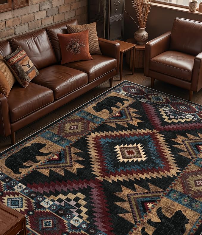 Rustic Cabin Area Rug for Bedroom 6x9, Machine Washable Lodge Bear Rug by YIHOUSE