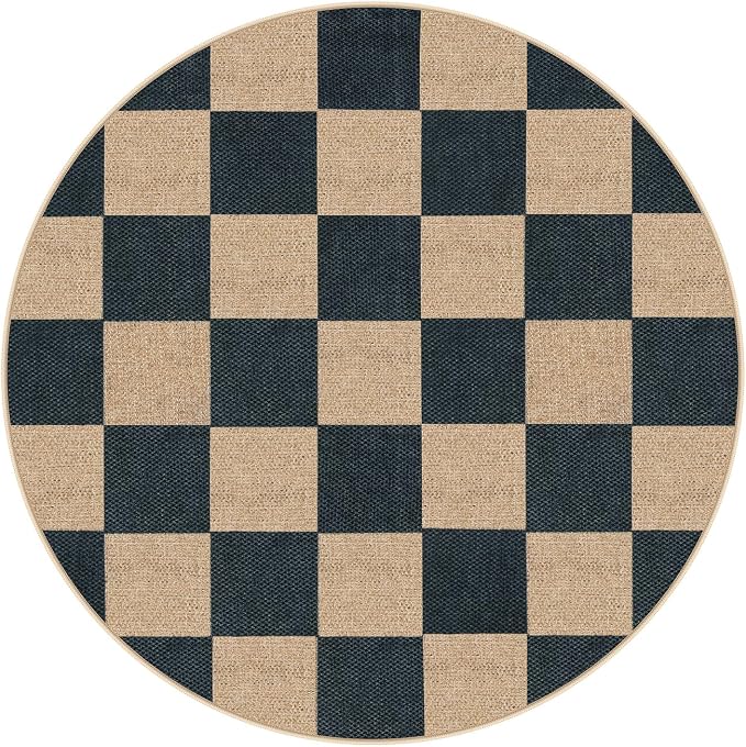 Lahome Checkered Easy Jute Entryway Rug, 3ft Round Washable Rugs Black | - Image 6
