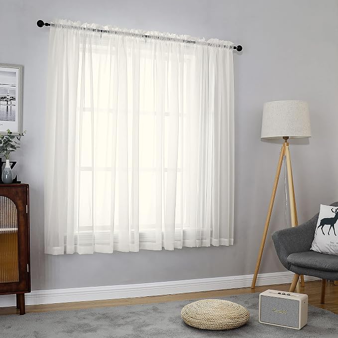 2 Panels Ivory Sheer Curtains 54 Inches Length Window Treatment by OVZME