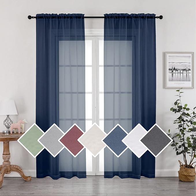 2 Panels Sheer Navy Blue Curtains 72 Inches Length Window Treatment by OVZME