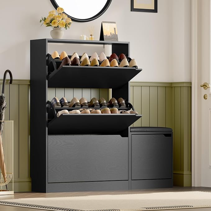 BORNOON Shoe Cabinet with Bench and 3 Flip Drawers, Slim Narrow Shoe Storage by BORNOON