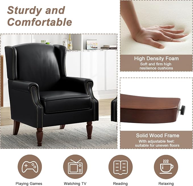 Pia Ricco Set of 2 Faux Leather Accent Chairs, High Back Wingback Armchairs - Image 4