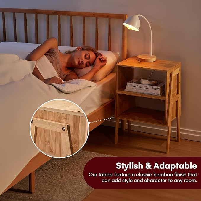 Vdomus Bamboo Stackable Nightstand Set of 2- Natural Wood Matching Side Table - Image 6