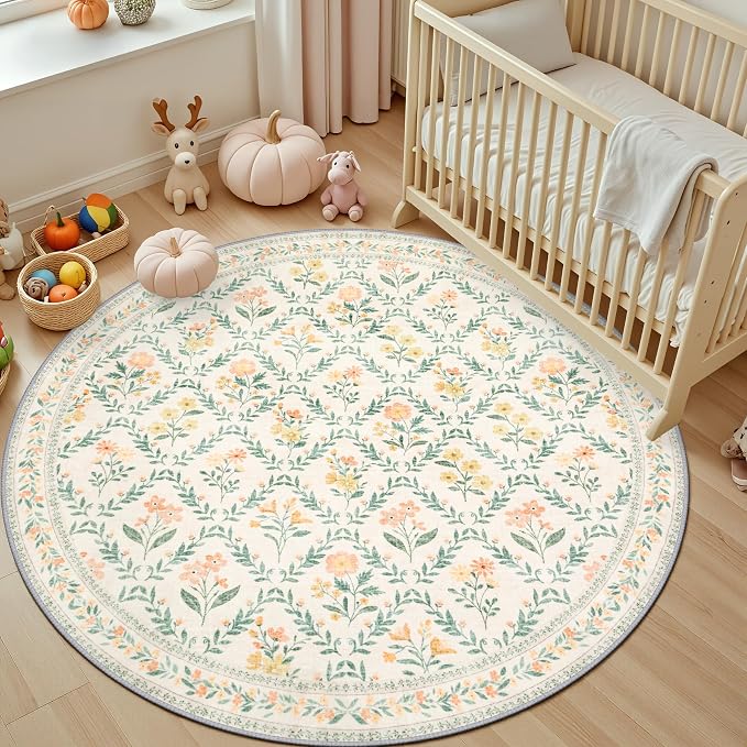 PLHXFR Round Area Rug Living Room: 6 ft Floral Washable Carpet Beige Multi | - Image 5