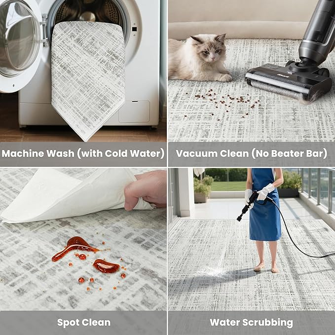 8x10 Washable Area Rug for Living Room Bedroom: Non-Slip Modern White Gray | - Image 5