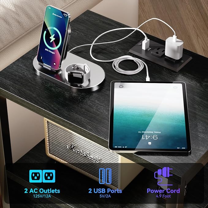 Furologee Nightstands with Charging Station, End Table with LED Lights - Image 9