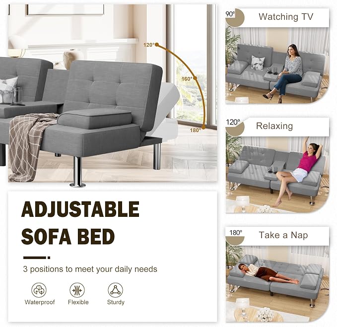 Shahoo Modern Linen Upholstered Convertible Folding Futon Sofa Bed - Image 4