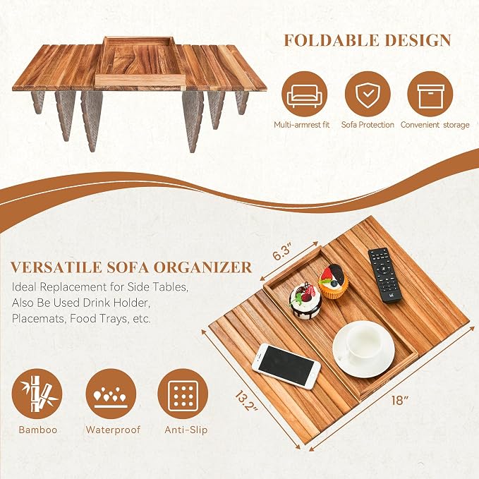 GEHE Acacia Wood Sofa Arm Tray, Foldable Couch Arm Tray Side Table, - Image 3