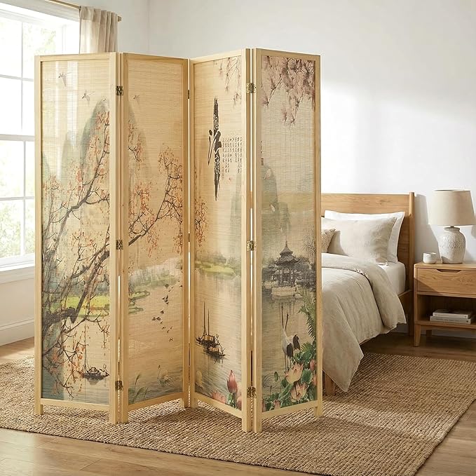 MyGift 4-Panel Folding Bamboo Room Divider Asian-Inspired Cherry Blossom Scene - Image 2