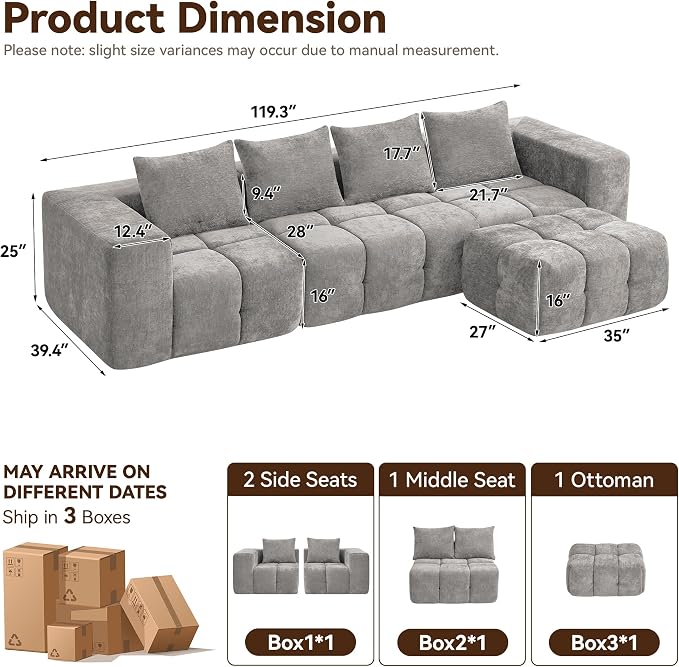 119" Boneless Couch, Oversized Cloud L Shaped Couch, Modular Sectional 4 Seater - Image 2