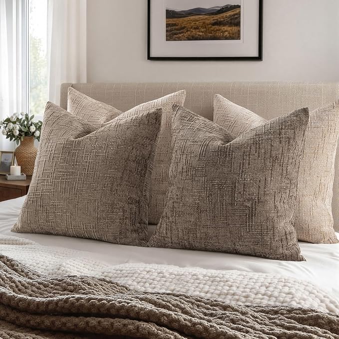MIULEE Chenille Textured Euro Pillow Covers Taupe Grey 22x22 Set of 2 | Slubby - Image 6