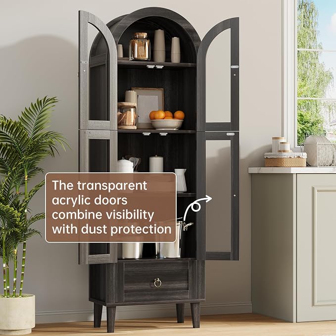 71" Tall Arched Cabinet with Acrylic Door, Modern Curio Arched Bookcase W/Drawer - Image 4